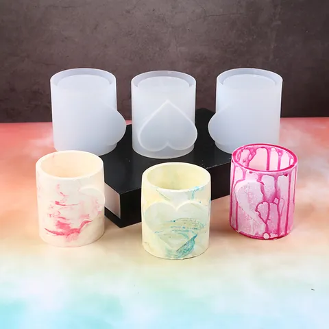 Moule en Silicone en Forme de Cœur pour Boîte de Rangement en Résine Époxy DIY Outil de Fabrication de Tasse de Bougie Parfumée Cylindre Relief Cœur