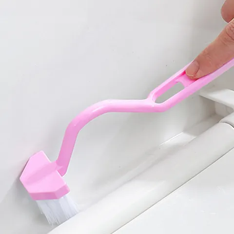Brosse de Toilette en Plastique Rose en Forme de V Avec Long Manche Incurvé Outil de Nettoyage en Profondeur des Coins de Salle de Bain