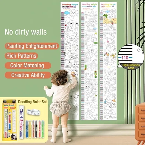 DIY Coloring Height Chart Sticker Set For Kids Room Wall Decoration Measurement Scale With Crayons And Tape Measure Creative Parent-Child Activity Gift