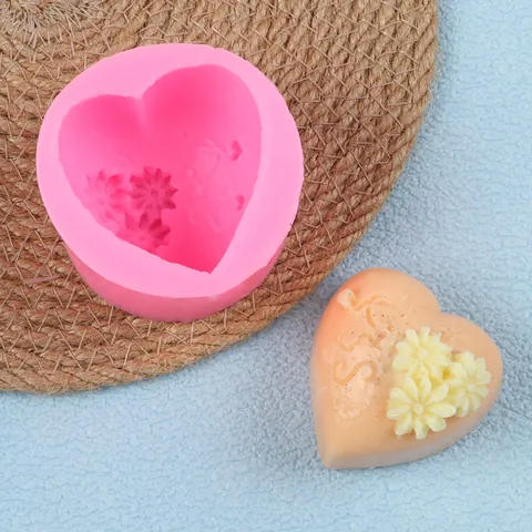 Heart Shaped Silicone Cake Mold DIY Chocolate Fondant Baking Decorating Tool With Flower Relief Design Pink Kitchen Gadget