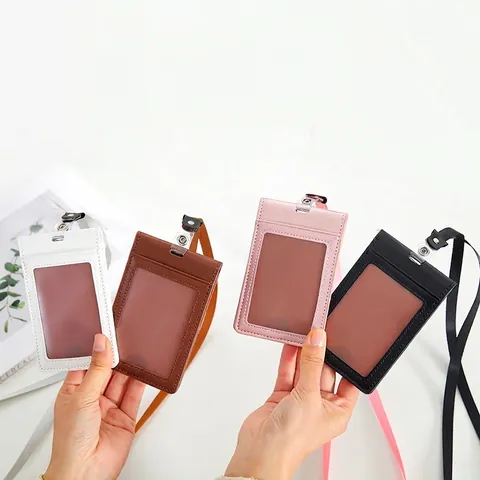 Minimalist PU Leather Magnetic Card Holder With Lanyard Portable ID Badge Protector Student Bus Card Sleeve Case