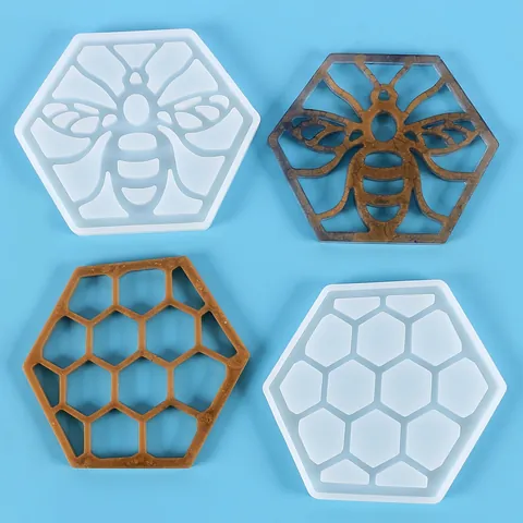 Honeybee Honeycomb Design Crystal Epoxy Resin Silicone Mold DIY Coaster Desk Decoration Mirror Surface Resin Casting Mold Set