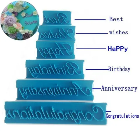 6PCS Cursive English Phrases Cake Decoration Fondant Stamp Molds Plastic Handlettering Birthday Anniversary Cookie Embosser Baking Tools