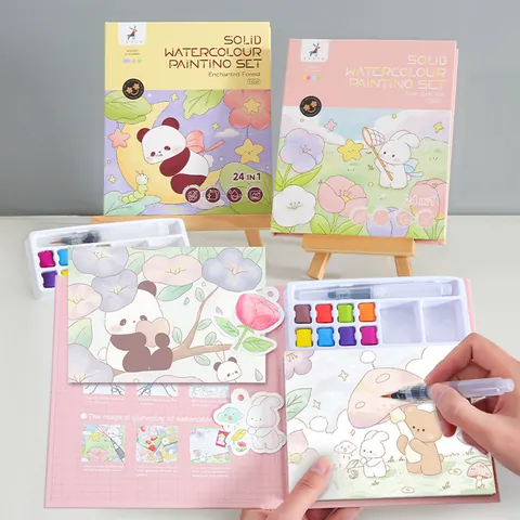 Kids Portable Solid Watercolor Painting Set Pocket Drawing Book With Pigment Brush Panda Rabbit Cartoon Coloring Book For Children Early Education