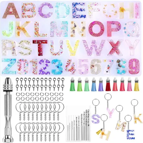 DIY Crystal Resin Casting Molds Set Silicone Alphabet Letter Number Jewelry Keychain Making Kit With Drill Tassels Accessory