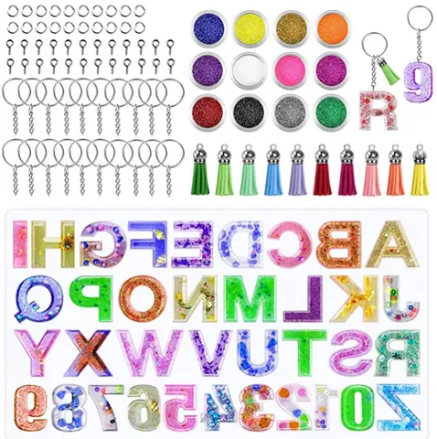 DIY Alphabet Number Silicone Mold Kit For Jewelry Making Mirror Surface Resin Casting Tool Set With Tassels Keychains Glitter For Keyring Pendant Handicraft