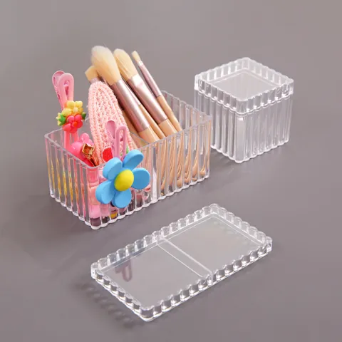 Transparent Ribbed Desktop Storage Box Minimalist Ins Style Plastic Pen Holder Makeup Brush Organizer With Lid For Office School Home