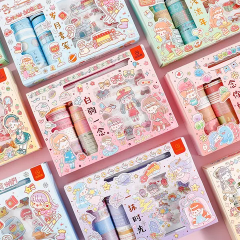 Cartoon Washi Tape Sticker Set Creative DIY Scrapbooking Stationery Kit For Student Journal Decoration Cute Pattern Paper Stickers