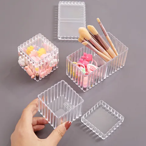 Transparent Ribbed Desktop Storage Box Minimalist Ins Style Plastic Pen Holder Makeup Brush Organizer With Lid For Office School Home