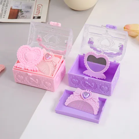 Cute Treasure Chest Storage Box With Folding Mirror And Comb Set ABS Heart Bow Embossed Jewelry Organizer Gift Box For Girls