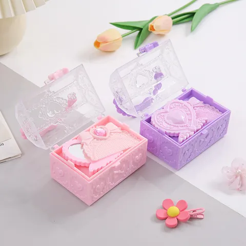 Cute Treasure Chest Storage Box With Folding Mirror And Comb Set ABS Heart Bow Embossed Jewelry Organizer Gift Box For Girls