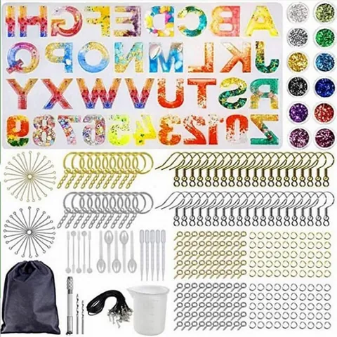 DIY Alphabet Number Silicone Mold Kit For Jewelry Making Mirror Surface Resin Casting Tool Set With Tassels Keychains Glitter For Keyring Pendant Handicraft