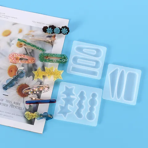 Moule en Silicone de Résine Époxy Cristal DIY Pour Barrettes à Cheveux Forme Géométrique Fleur Étoile Cœur Accessoires de Bijoux