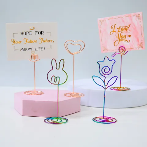 Cute Metal Memo Clip Creative Shape Photo Holder For Wedding Place Card Iridescent Rose Gold Desktop Note Stand Note Clip Table Decoration