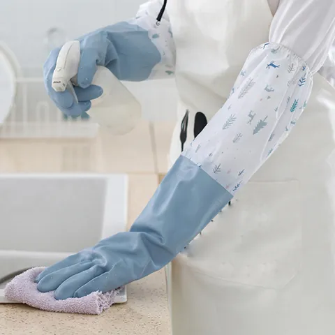 Waterproof Long Silicone Dishwashing Gloves With Printed Sleeves Elastic Cuff Kitchen Laundry Reusable Cleaning Gloves