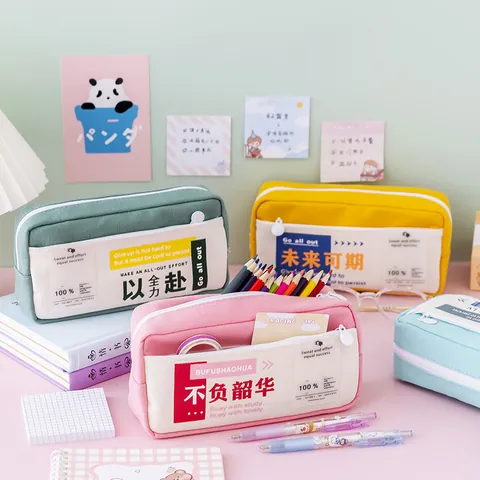 Large Capacity Canvas Pencil Case Double Layer Zipper Stationery Organizer Student Pen Bag Inspirational Slogan Storage Case