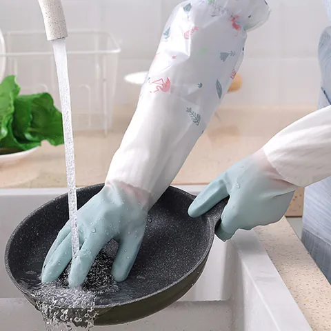 Waterproof Long Silicone Dishwashing Gloves With Printed Sleeves Elastic Cuff Kitchen Laundry Reusable Cleaning Gloves