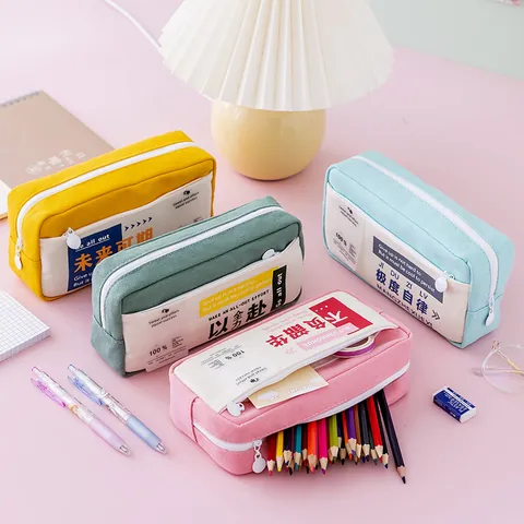 Large Capacity Canvas Pencil Case Double Layer Zipper Stationery Organizer Student Pen Bag Inspirational Slogan Storage Case