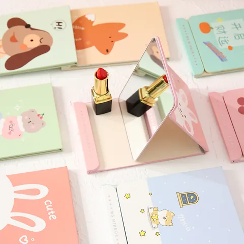 Cartoon Cute Foldable Makeup Mirror Portable PU Leather Desktop Vanity Mirror Small Pocket Mirror for Travel Dormitory Bedroom Girls Gift