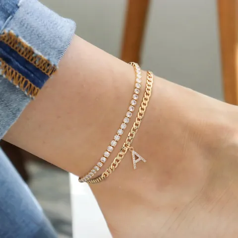 Women Gold Plated Copper Zirconia Initial Anklet Double Layer Personalized Letter Pendant Tennis Cuban Link Beach Jewelry
