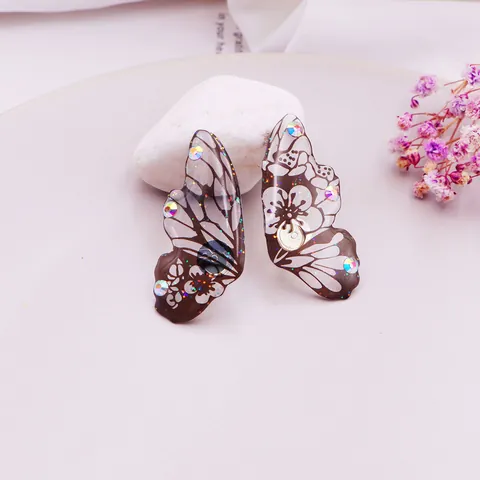 Pendientes de Botón de Ala de Mariposa de Moda Resina Transparente Ala de Cigarra Estampado Floral Diamantes de Imitación Pendientes Colgantes Para Mujer Joyería