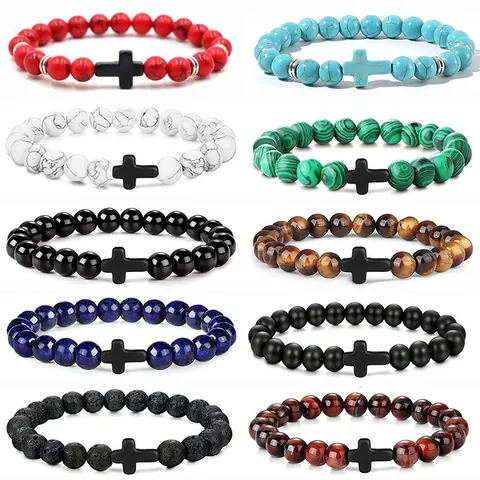Herren Kreuz Perlenarmband Naturstein Tigerauge Lavastein Türkis Elastisch Minimalistischer Schmuck