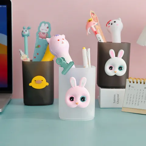 Creative Cartoon Pen Holder INS Style Transparent Frosted Plastic Desk Organizer Stationery Storage Box For Students Office Home Decoration