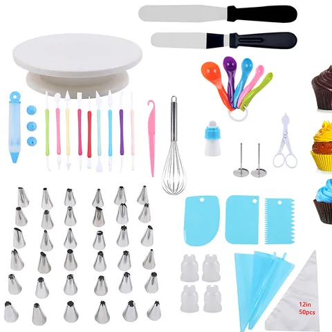 Professional Cake Decorating Kit Stainless Steel Nozzles Rotating Turntable Spatulas Scrapers Baking Accessories For Kitchen Decorating