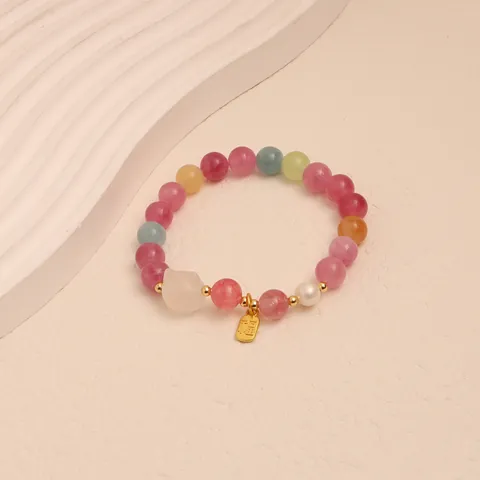 New Chinese Style Colorful Tourmaline Style Crystal Beaded Bracelet For Women Vintage Dopamine Candy Color Freshwater Pearl Cat Charm Bracelet Jewelry