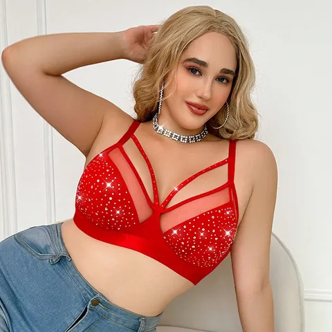 Sujetador Sexy con Strass de Talla Grande para Mujer Poliéster Algodón Sin Aros Push Up Malla Cross Strap Top