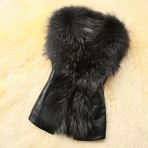 Women Faux Fur PU Leather Vest Slim Fit Sleeveless Jacket Autumn Winter Short Waistcoat Bow Back Elegant Outerwear Top