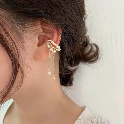 Freshwater Pearl Tassel Magnetic Ear Bone Clip For Women Vintage Gold Plated No Piercing Ear Cartilage Cuff Earrings Jewelry