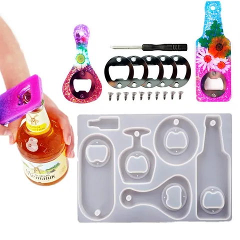 Set di Stampi in Silicone per Apribottiglie di Birra in Resina Cristallo Fai da Te Stampo a Specchio Con Inserti in Metallo Viti Cacciavite Strumento Artigianale