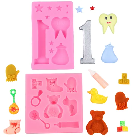 Moule à Gâteau en Silicone DIY Thème Bébé Ours Biberon Canard en Caoutchouc Alphabet Fondant Chocolat Bonbons pour Décoration de Premier Anniversaire