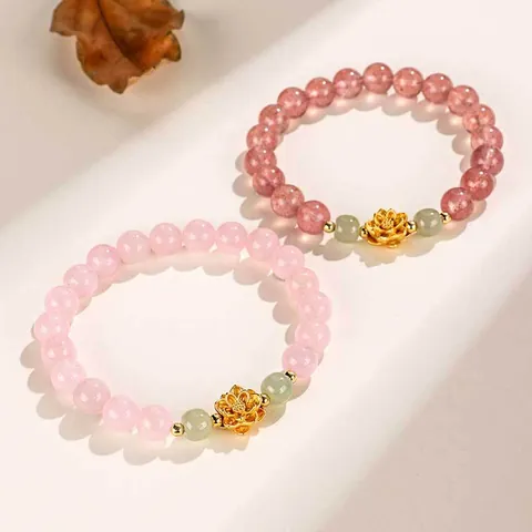 999 Sterling Silver Lotus Bracelet For Women Strawberry Quartz Hetian Jade Rose Quartz Beaded Jewelry Vintage Style Gift