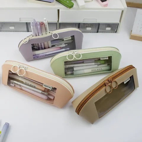 Morandi Leather Pencil Case With Transparent Window Large Capacity Waterproof Shell Shape Stationery Bag For School Office