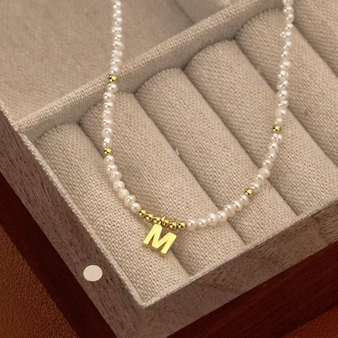 Vintage Freshwater Rice Pearl Necklace With Gold Plated Copper Initial Letter Pendant Elegant Clavicle Chain Jewelry For Women