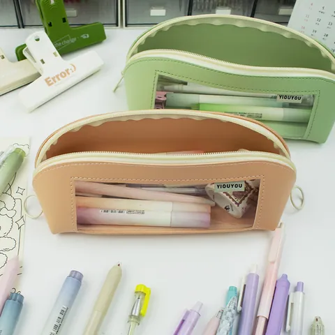 Morandi Leather Pencil Case With Transparent Window Large Capacity Waterproof Shell Shape Stationery Bag For School Office