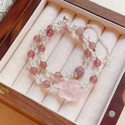 Bracelet Double Boucle en Quartz Fraise Naturel Pendentif Renard en Quartz Rose Sculpté Main Bracelet en Cristal Femme