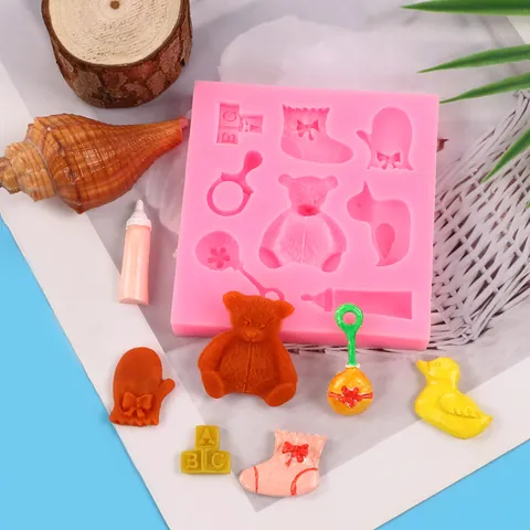Moule à Gâteau en Silicone DIY Thème Bébé Ours Biberon Canard en Caoutchouc Alphabet Fondant Chocolat Bonbons pour Décoration de Premier Anniversaire