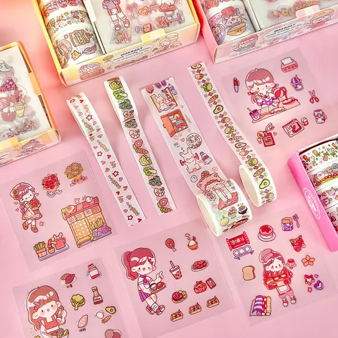 Cute Cartoon Girl Washi Tape PET Sticker Collection Gift Box Scrapbooking DIY Journaling Decoration Supplies For Kids Girls
