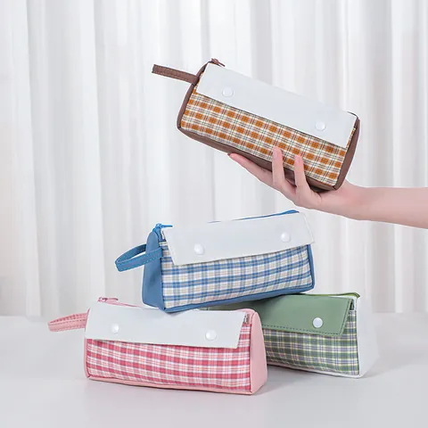 Large Capacity Gingham Handle Pencil Case Polyester Stationery Storage Bag For Students School Office Supplies Minimalist Portable Pen Case