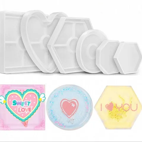 DIY Crystal Resin Silicone Coaster Mold Round Hexagon Square Heart Shape Handmade Epoxy Mirror Surface Coaster Making Tools