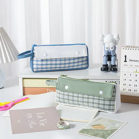 Large Capacity Gingham Handle Pencil Case Polyester Stationery Storage Bag For Students School Office Supplies Minimalist Portable Pen Case