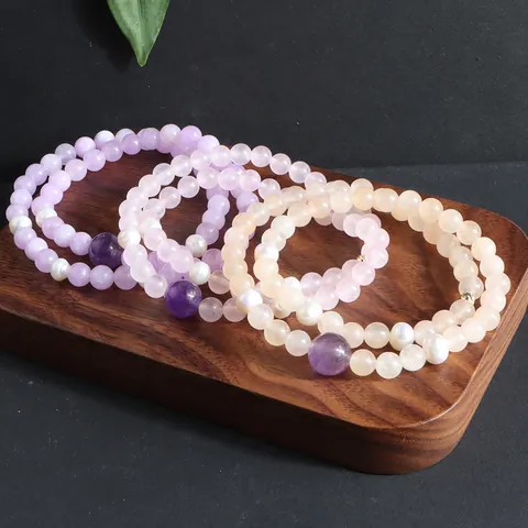 Elegante Bracciale di Cristallo a Strati per Uomo Donna Kunzite Acquamarina Tormalina Perla d'Acqua Dolce Gioielli con Perline Nuovo Stile Cinese