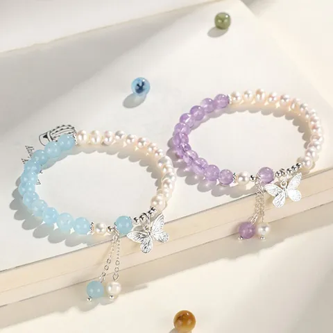 Handmade Freshwater Pearl Bracelet With Butterfly Pendant Semi-Precious Stone Beaded Bracelet For Women Dopamine Style Jewelry