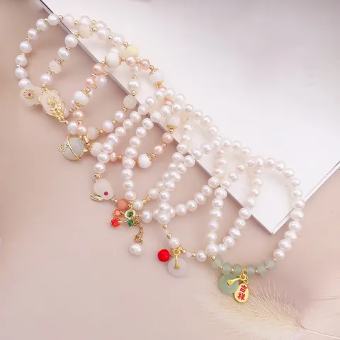 Niche Design Artificial Pearl Cat's Eye Stone Beaded Bracelet For Women Ethnic Style Lucky Charms Rabbit Cherry Butterfly Flower Pendant Jewelry