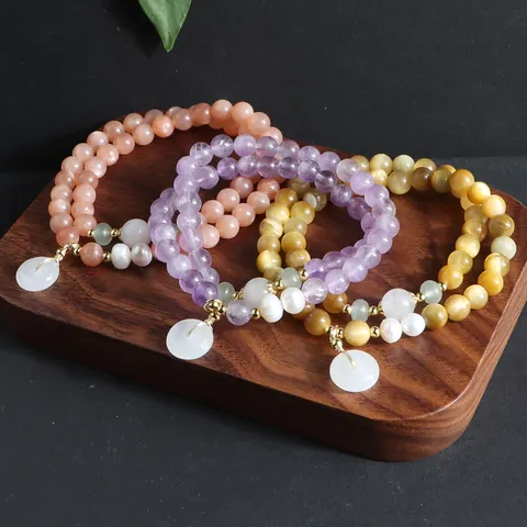 New Chinese Style Natural Crystal Beaded Bracelet For Women Men Purple Amethyst Sunstone Tiger Eye Artificial Pearl Double Wrap Bracelet Jewelry Gift