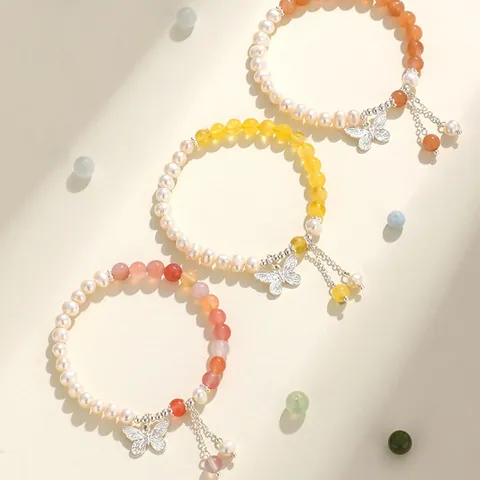 Handmade Freshwater Pearl Bracelet With Butterfly Pendant Semi-Precious Stone Beaded Bracelet For Women Dopamine Style Jewelry