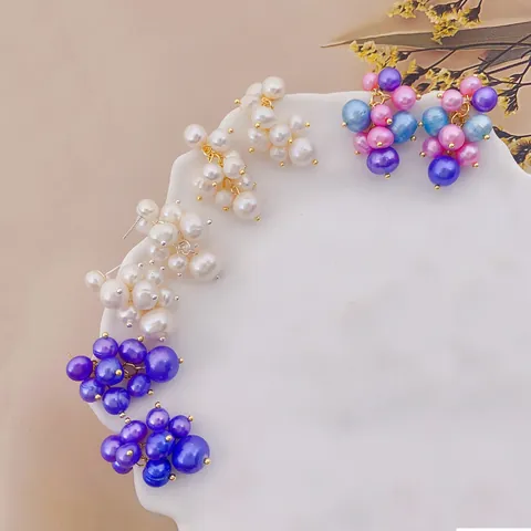 Korean Sweet Freshwater Pearl Grape Cluster Stud Earrings For Women Colorful Round Bead Small Fresh Summer Ear Jewelry Gift